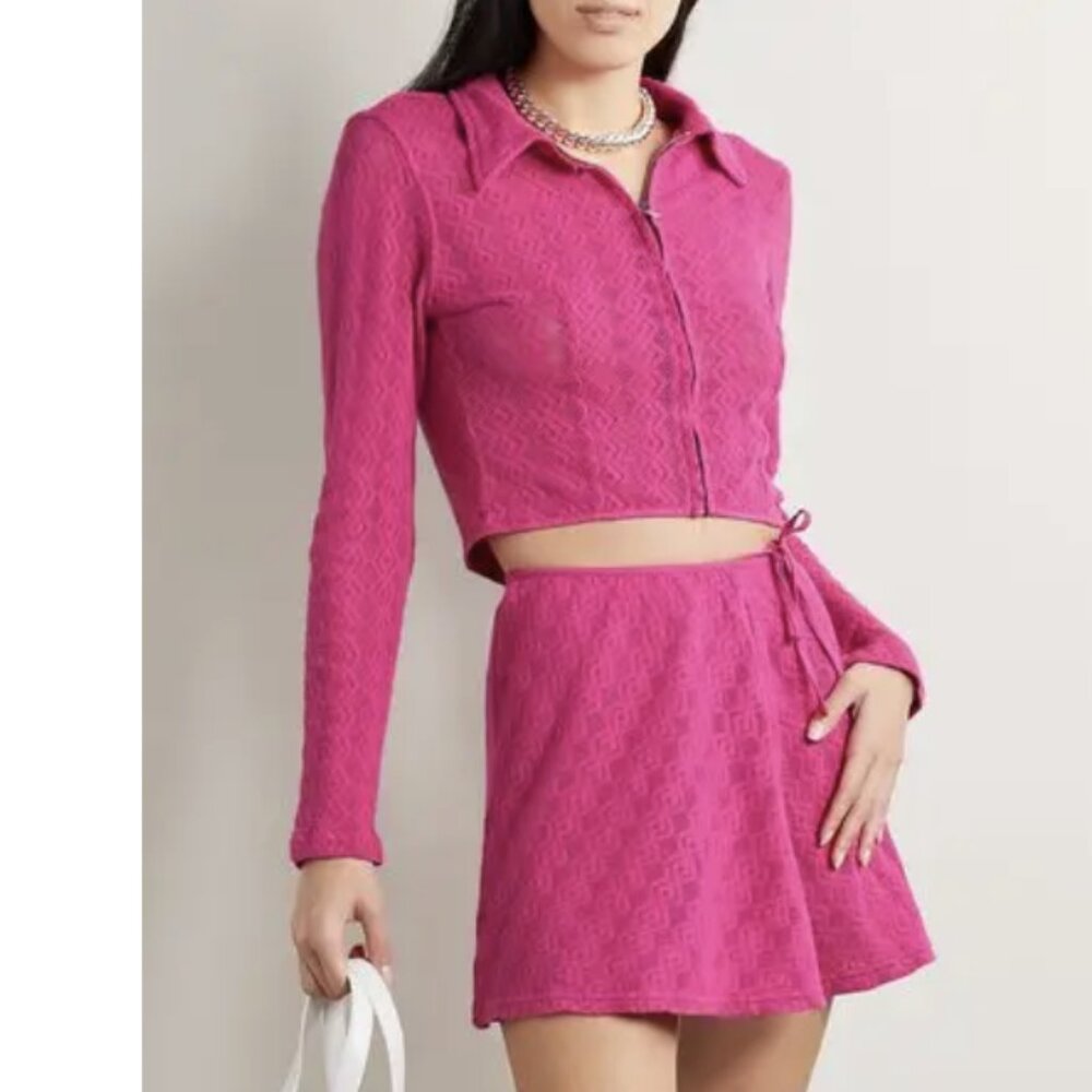 AGR Pointelle Lace Cropped Shirt in Vibrant Pink Preppy Avant Garde Y2K XS NWT
